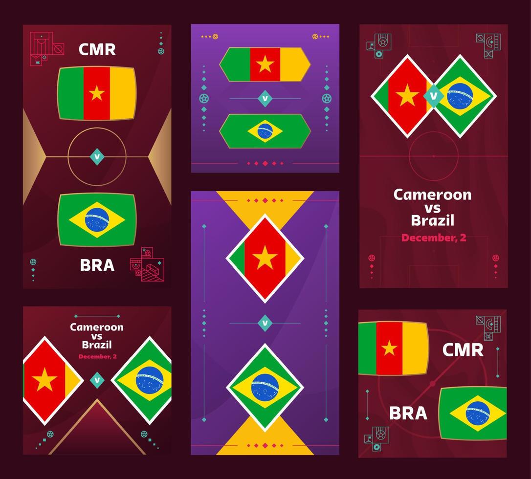 jogo camarões x brasil. banner vertical e quadrado de futebol mundial 2022 definido para mídias sociais. Infográfico de futebol de 2022. fase de grupos. anúncio de ilustração vetorial vetor