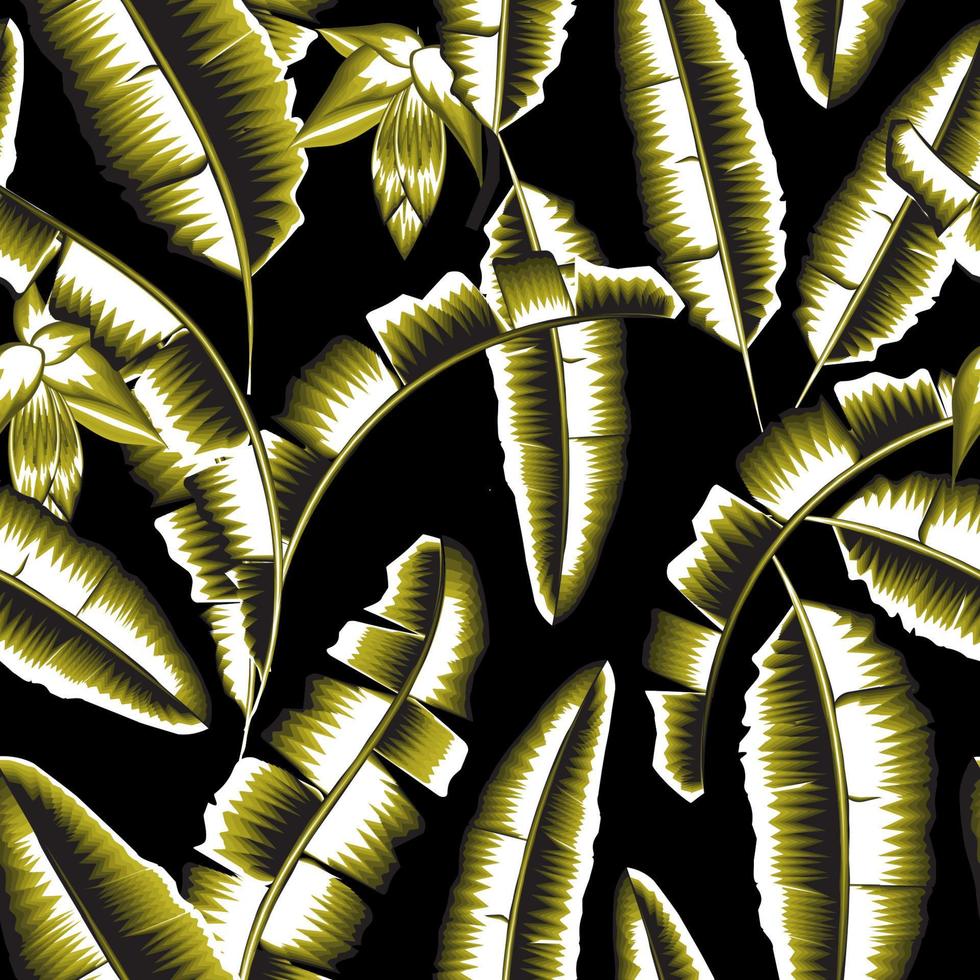 banana vintage deixa padrão semaless em background escuro. fundo de folhagem de banana. fundo preto. papel de parede de folha de bananeira verde. fundo da natureza. sem costura tropical. padrão de outono. verão vetor