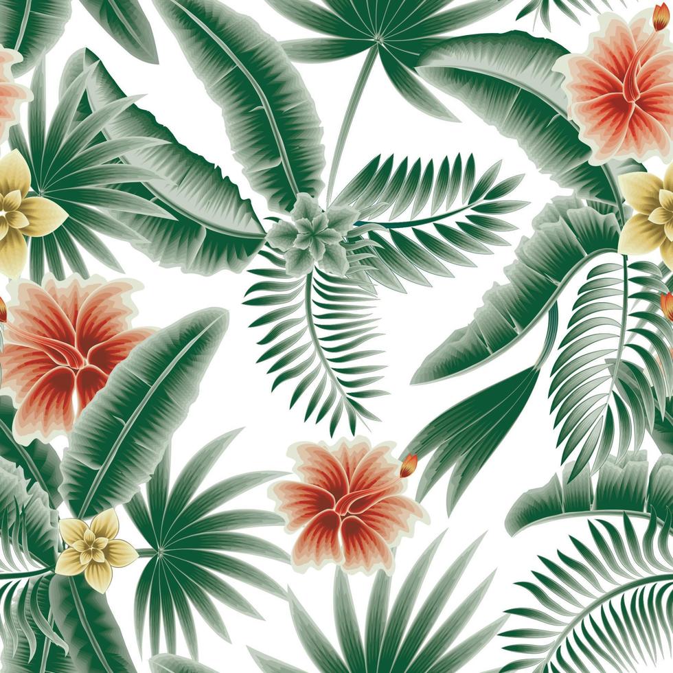 padrão sem emenda tropical vintage verde com plantas florais coloridas e folhas em fundo branco. vetor floral da selva exótica. papel de parede da selva. fundo floral. projeto de verão. papel de parede da floresta