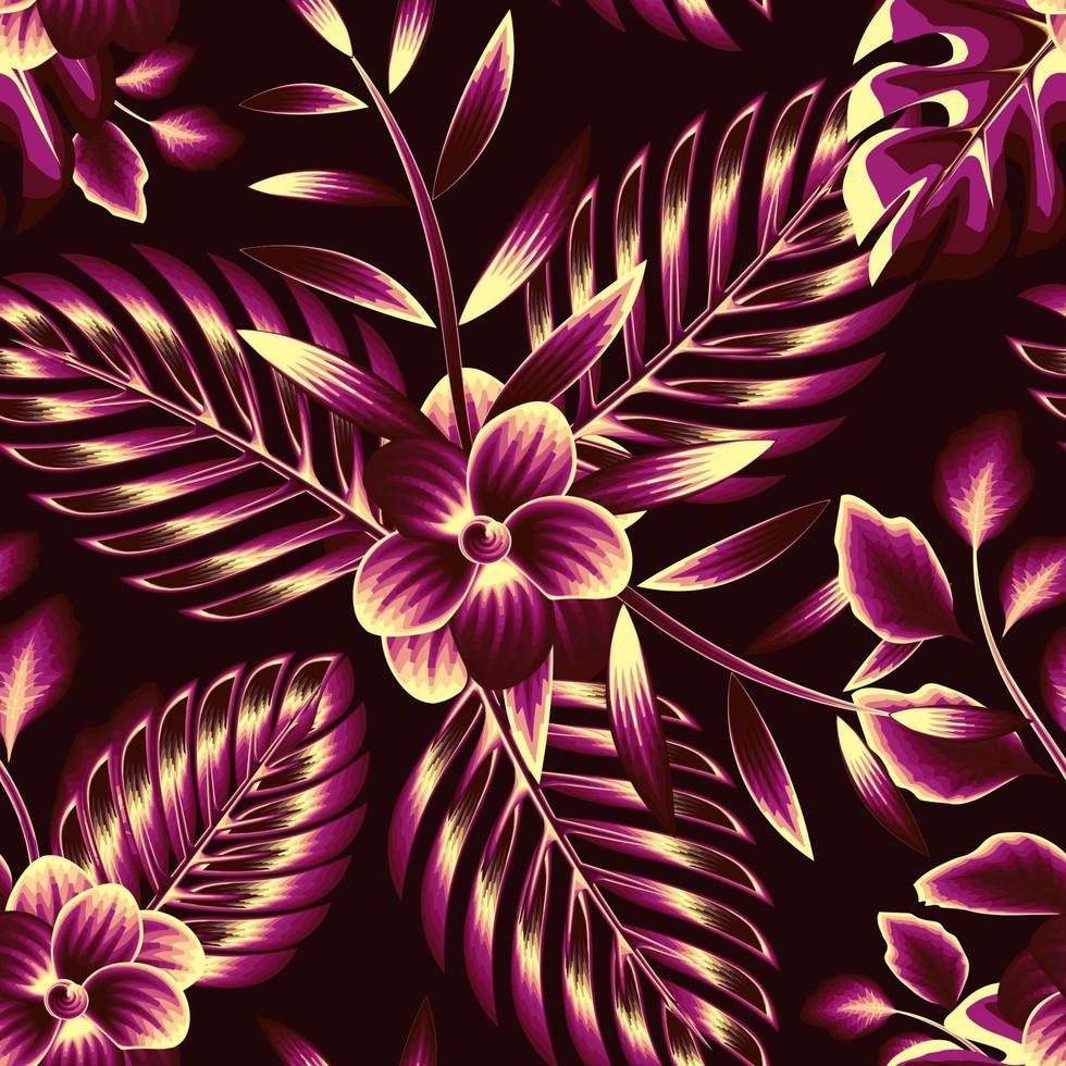 folha de palmeira bonita sem costura padrão tropical com folhagem de planta de flor frangipani rosa marrom e bege em fundo escuro. textura na moda. papel de parede da natureza. fundo floral. design de outono vetor