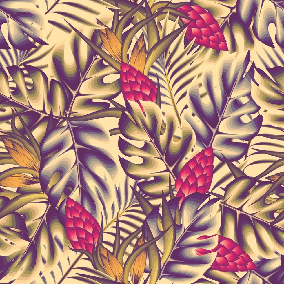 vintage monstera palm deixa padrão perfeito com plantas de flores tropicais coloridas e folhagens em fundo bege. ilustração da selva. papel de parede da natureza. fundo floral. design exótico de verão vetor