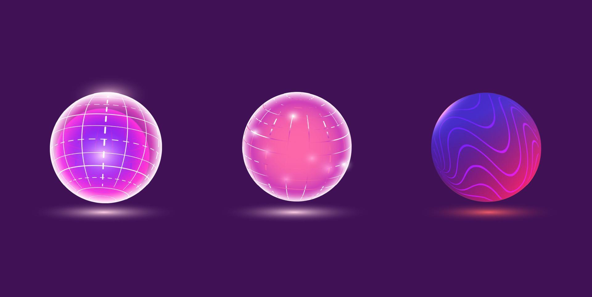 um conjunto de esferas 3d em um quadro, linhas com brilho, lantejoulas, ícones vetoriais. vetor