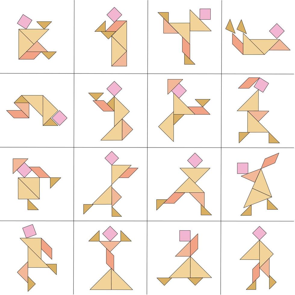 quebra-cabeça tangram. conjunto com diferentes poses de pessoas. ilustração vetorial vetor