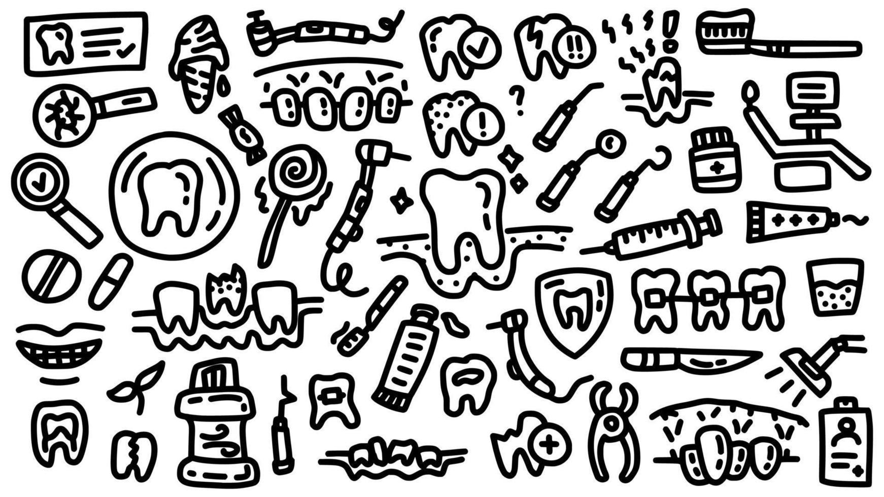 conjunto de ícones de ferramentas de cirurgia dentária e dentes com coleção de vetores de estilo de arte de contorno desenhado à mão doodle para educação e clínica