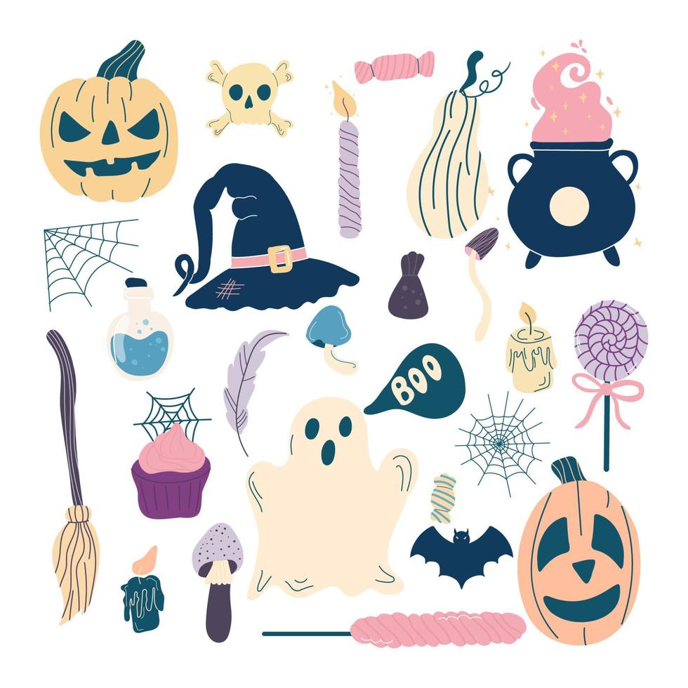 conjunto de elementos de halloween um chapéu de bruxa, um caldeirão com poções, doces, velas e abóboras engraçadas. perfeito para scrapbooking, cartão de felicitações, convite para festa, pôster, etiqueta, adesivo. vetor
