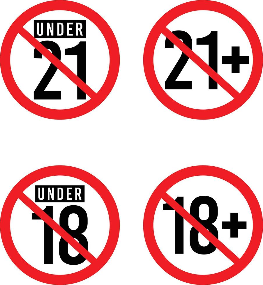conjunto de sinal de restrição de idade. menores de 21, 21 e mais. menores de 18 anos, mais de 18 anos. sinal não permitido vetor