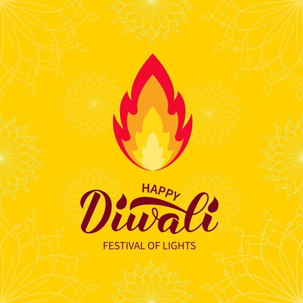 letras de mão de caligrafia diwali feliz com fogo. festival indiano tradicional de cartaz de tipografia de luzes. fácil de editar modelo vetorial para banner, panfleto, adesivo, cartão postal, cartão de saudação. vetor