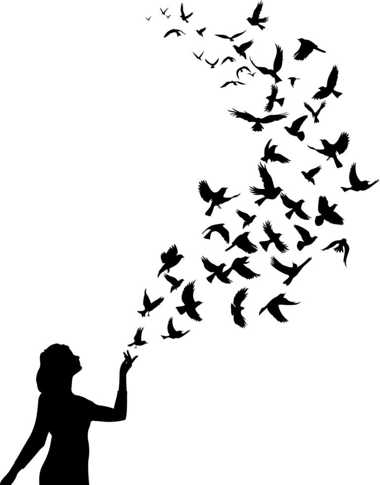 pássaros voando da mão da garota - silhueta vetor