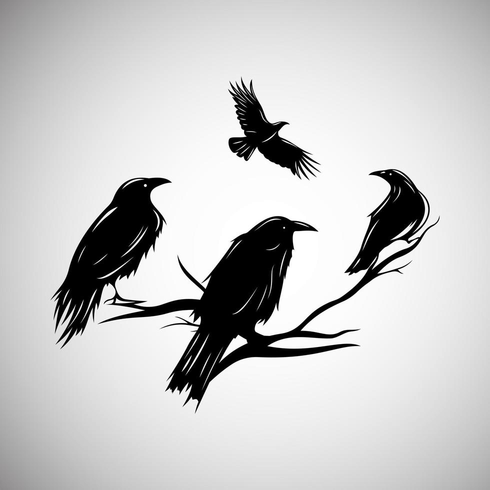 silhueta de pássaros - corvos sentados em uma árvore seca vetor