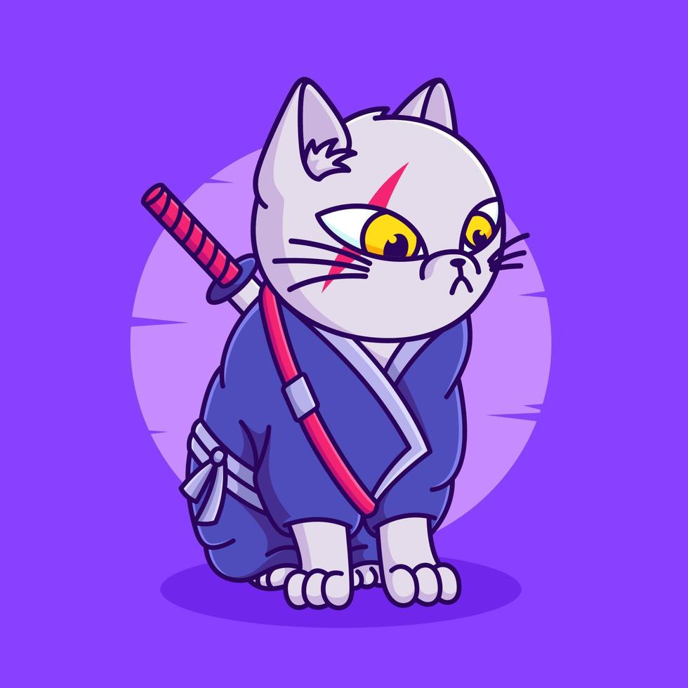 ninja de gato bonito com ilustração de desenhos animados de espada. desenho de gato samurai vetor