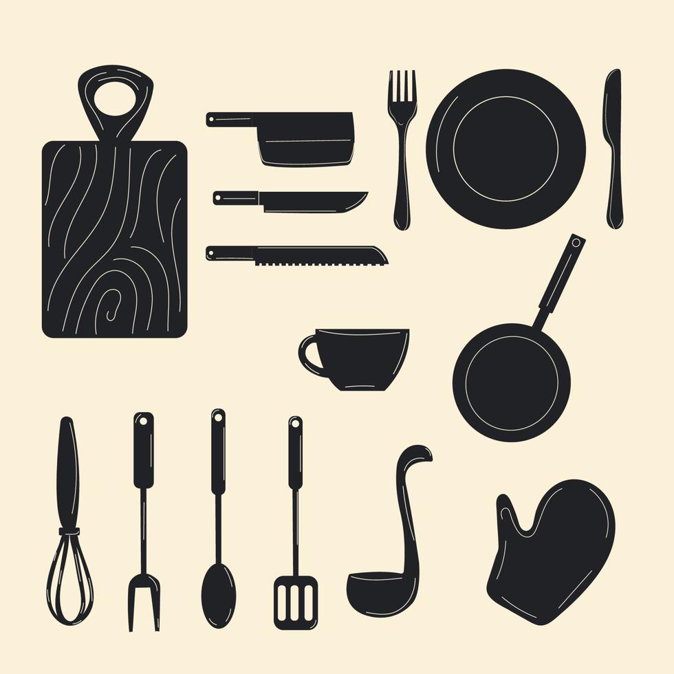 conjunto de utensílios de cozinha. ferramentas e equipamentos de utensílios de cozinha vetoriais, aparelho de cozinha de desenho animado. conjunto isolado de panelas de vetor