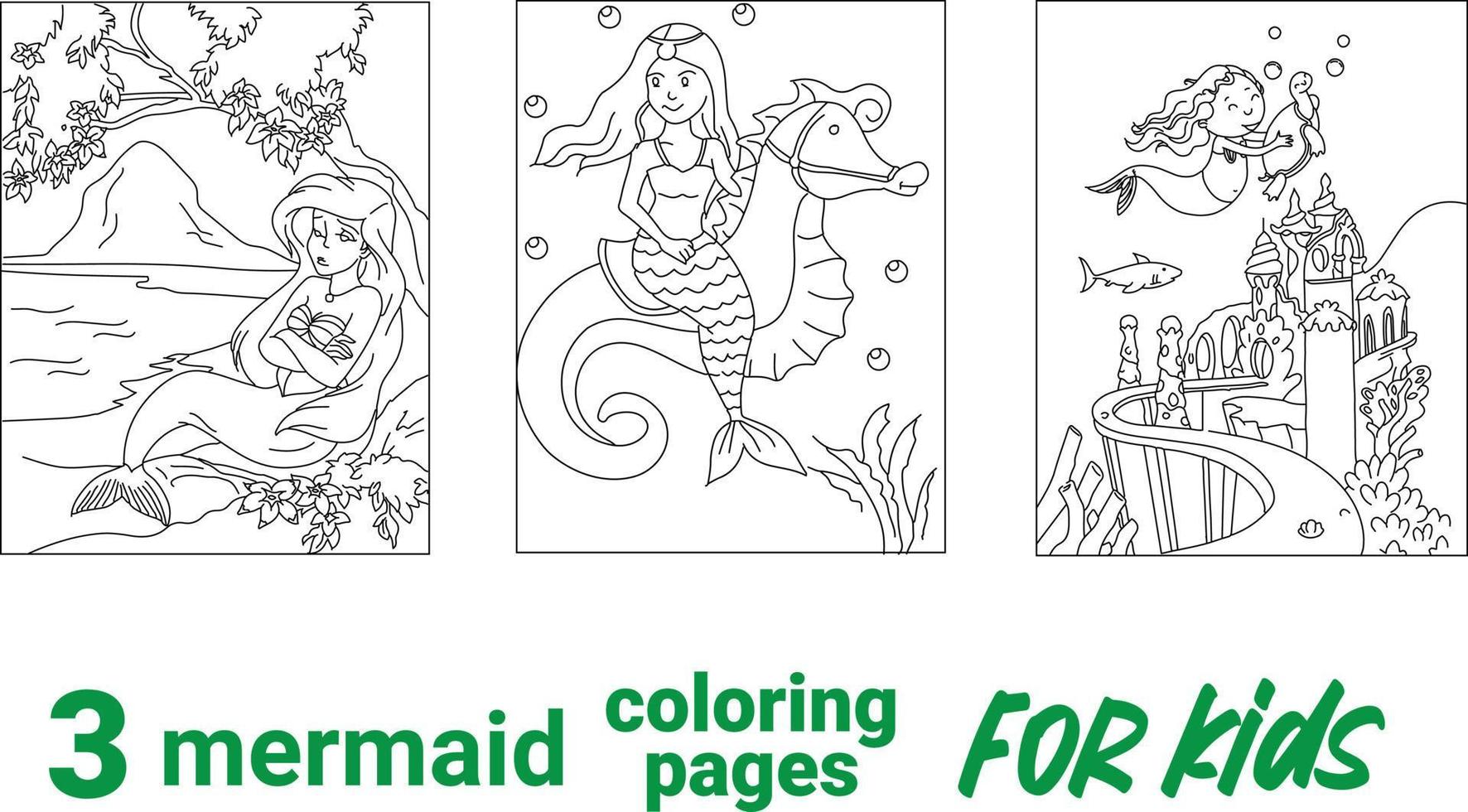 conjunto de desenhos animados de bonecas sereia para colorir. página do livro de colorir com modelo colorido para crianças. ilustração vetorial isolado. sereia do livro para colorir. vetor