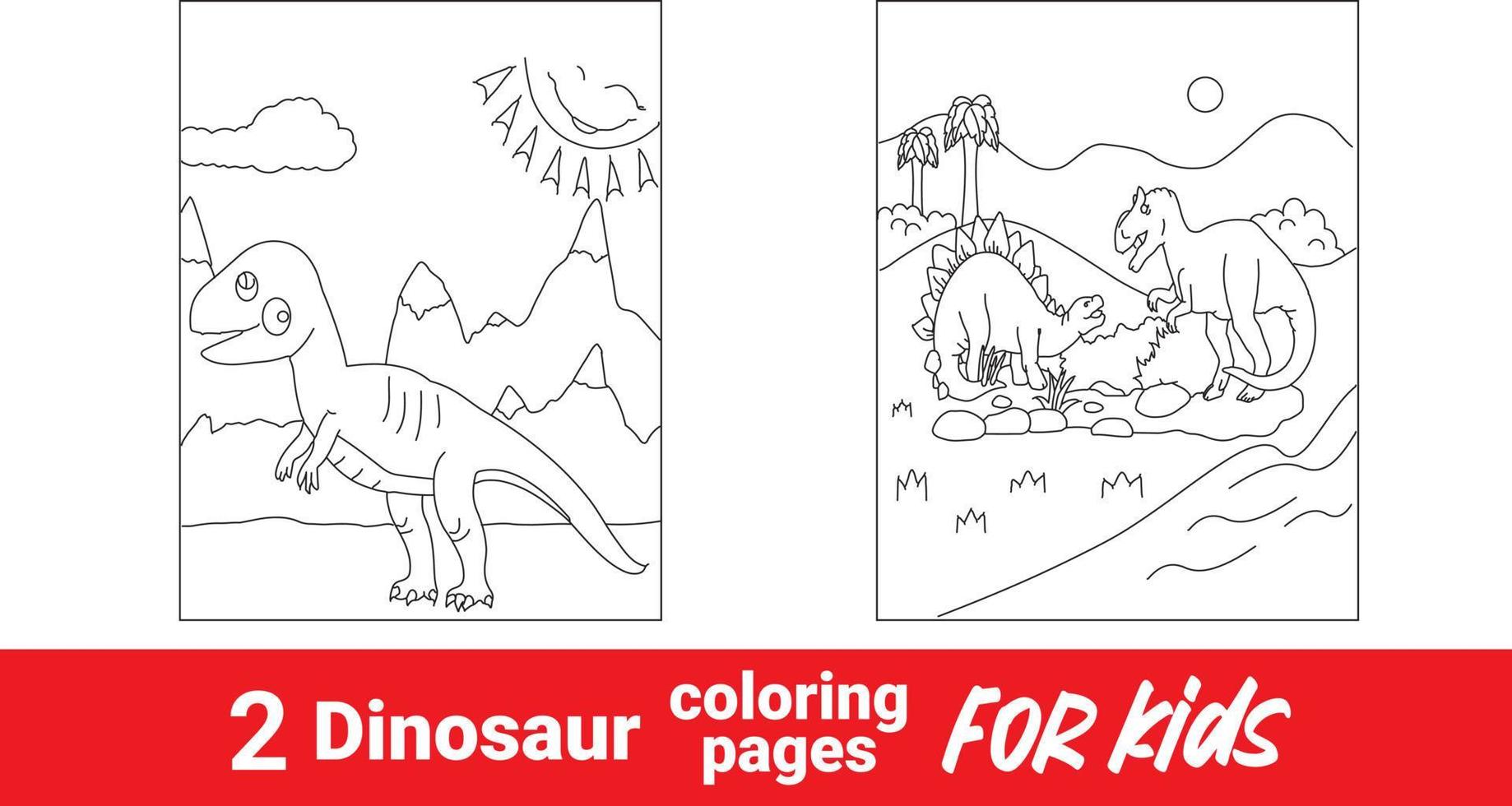 divertido livro de colorir de dinossauro para crianças. cena de contorno de coloração de paisagem pré-histórica de fundo animal bonito. estegossauro de dinossauro pré-histórico dos desenhos animados, livro para colorir, ilustração engraçada vetor