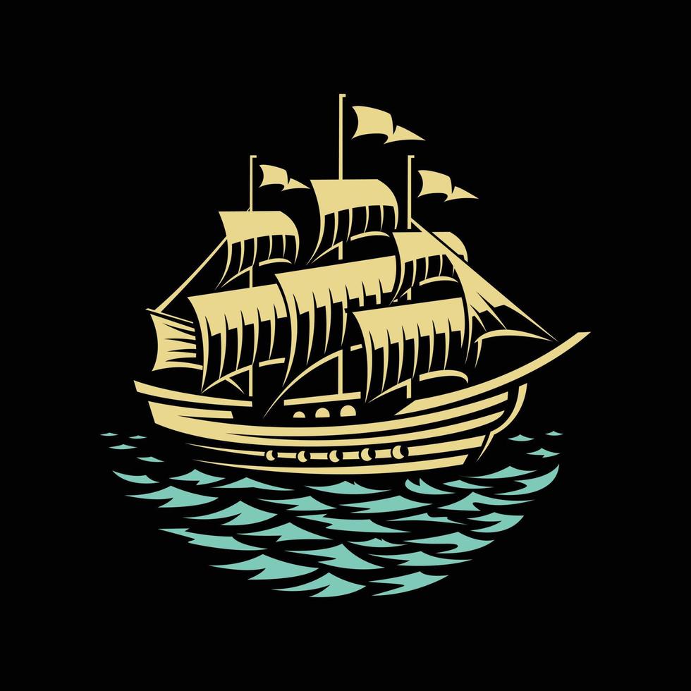 navio pirata - ilustração vetorial desenhada à mão em fundo preto vetor