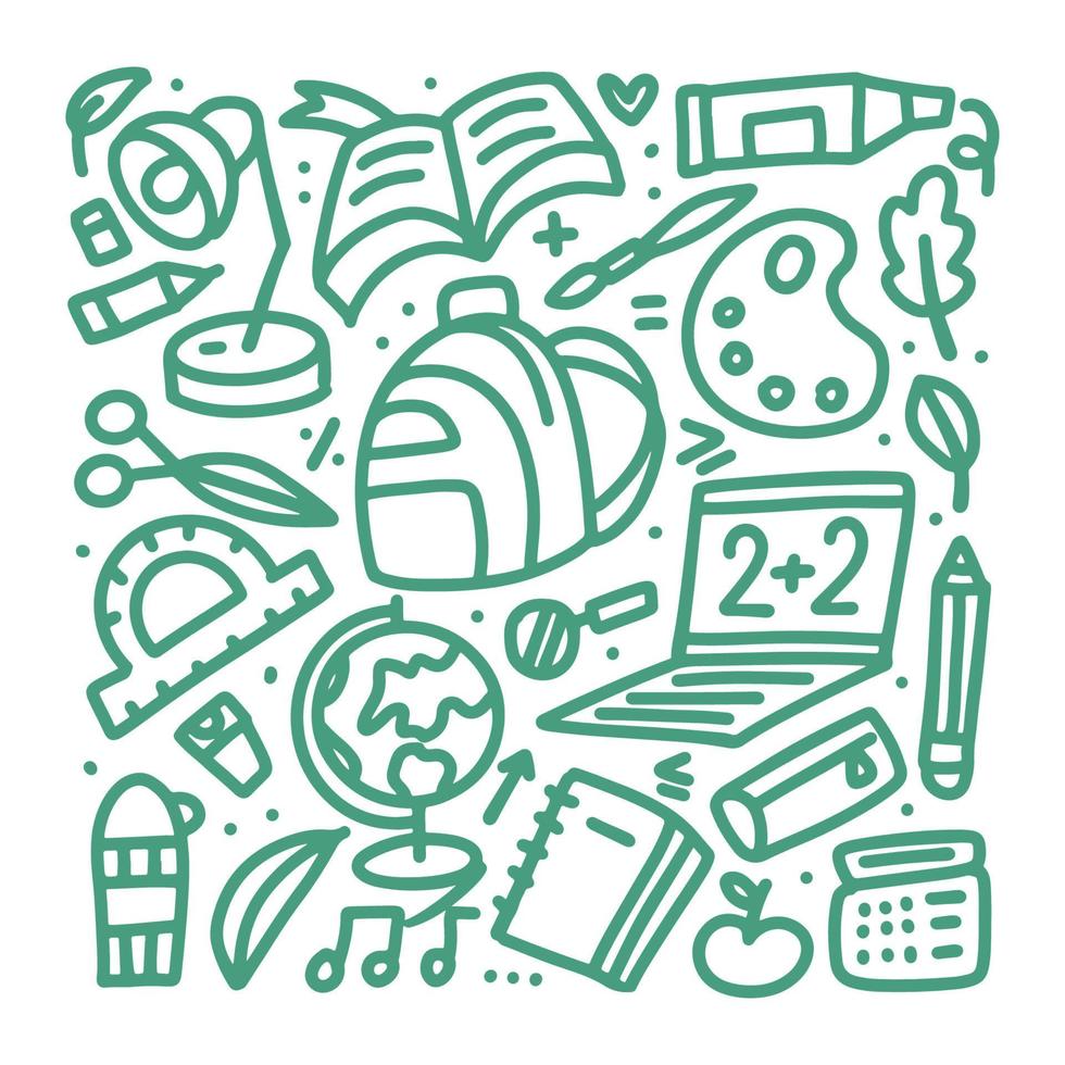 conjunto de material escolar. ilustração em vetor doodle do tema da educação.