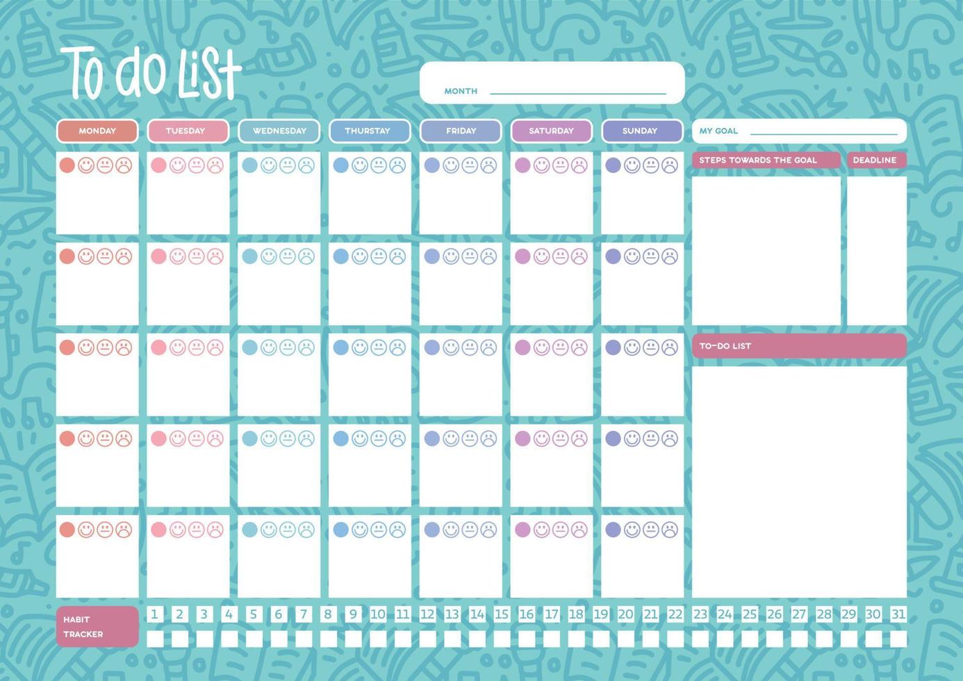 planejador mensal em fundo azul doodle com itens de material escolar. modelo de vetor colorido a4 para estacionário, agenda, lista, calendário com objetivo, rastreador de hábitos e calendário de emoções