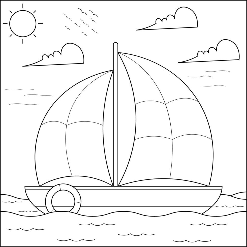 barco no mar adequado para ilustração vetorial de página para colorir infantil vetor