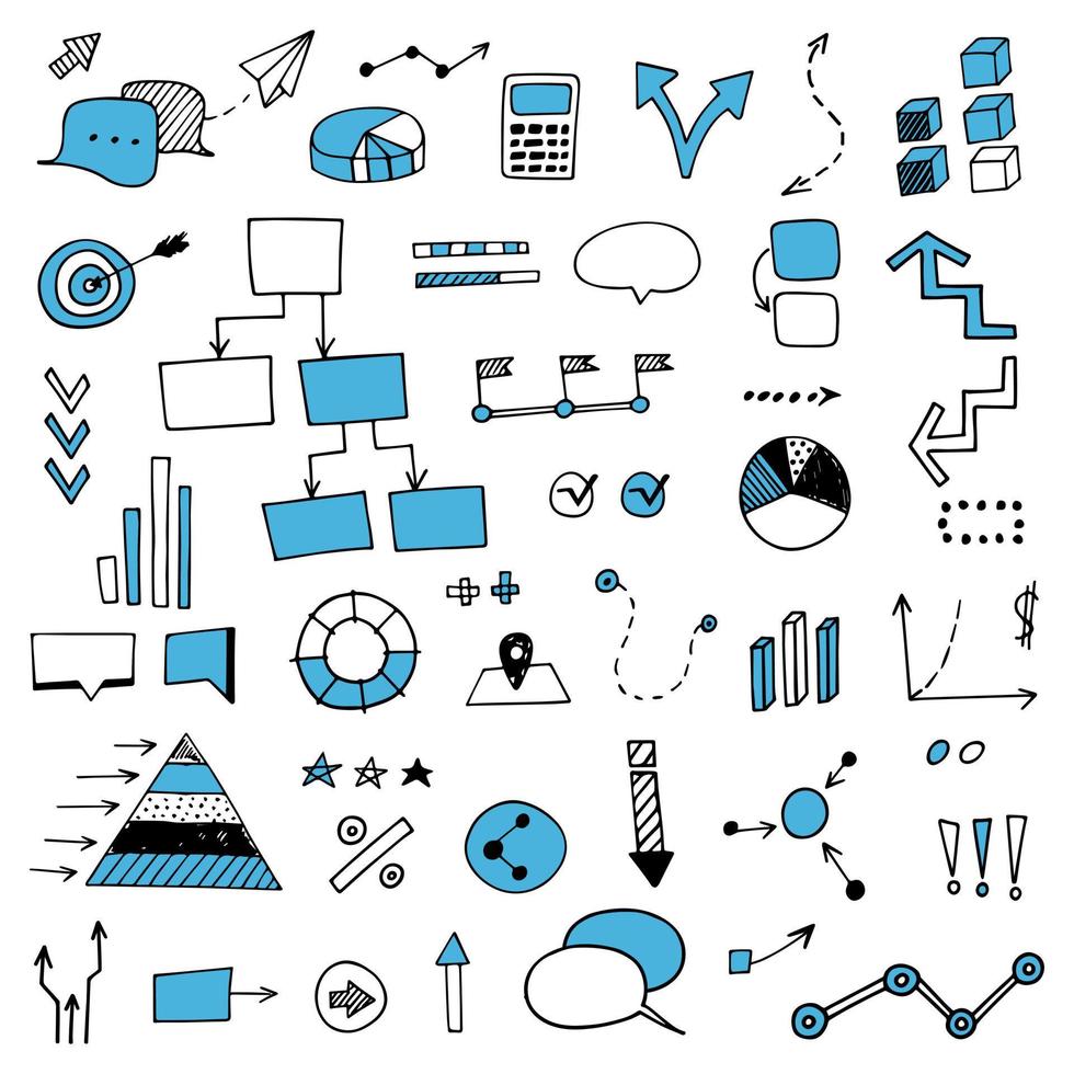 ilustração em vetor mão desenhada infográfico. conjunto de ícones de rabiscos de negócios. esboço de processos de negócios. estratégia de negócios visual de conceito, projeto. conjunto de setas desenhadas à mão