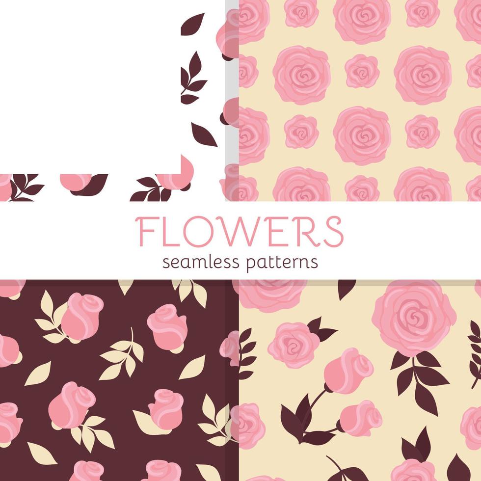 conjunto de padrões sem emenda com rosas fofas. ilustração vetorial com flores cor de rosa para decoração de casamento, embalagem, papel de parede vetor