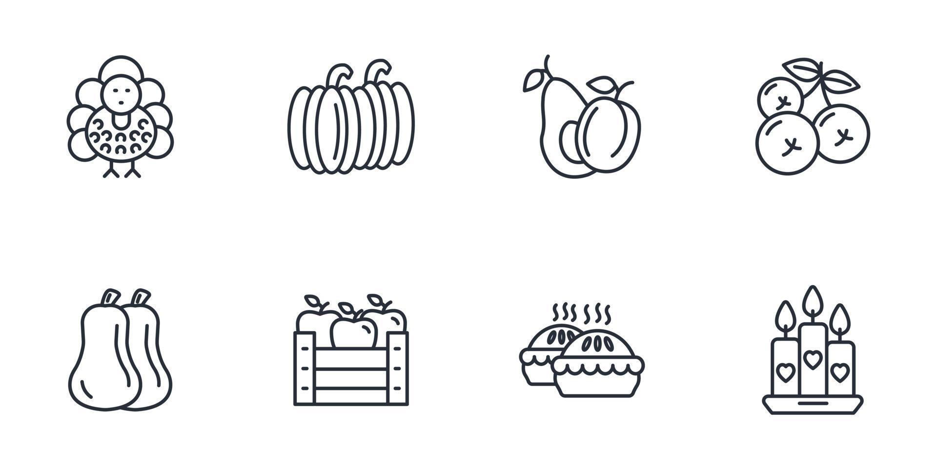 conjunto de ícones do dia de ação de graças. elementos do vetor de símbolo de pacote de dia de ação de graças para web infográfico