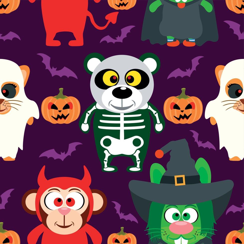 fundo de halloween sem costura com animal em traje de halloween, vetor