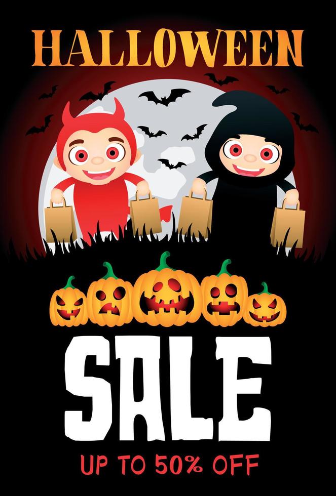 cartaz de venda de halloween com abóboras assustadoras engraçadas. crianças engraçadas em trajes de halloween diabo e ceifador. design de banner de venda de halloween com 50 desconto vetor