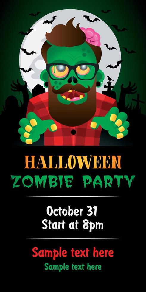 tema de festa de zumbi de halloween em fundo verde. cartaz de halloween com hipster de zumbi vetor