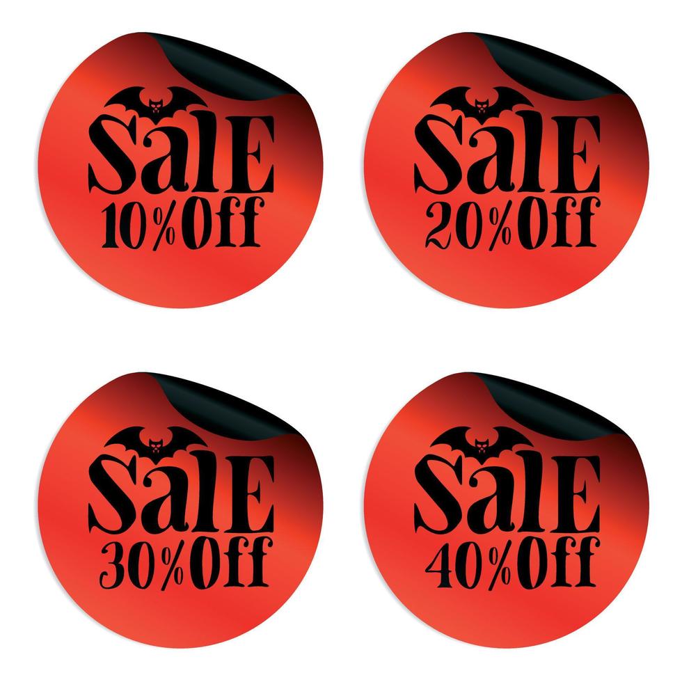 adesivos de venda de halloween vermelhos com taco 10, 20, 30, 40% de desconto vetor
