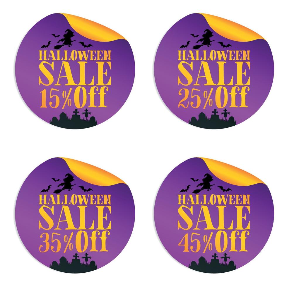 conjunto de adesivos de venda violeta de halloween com bruxa 15, 25, 35, 45 off vetor