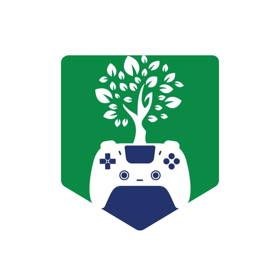 design de logotipo de vetor de jogo ecológico. gamepad verde folha fresca design de logotipo de natureza.