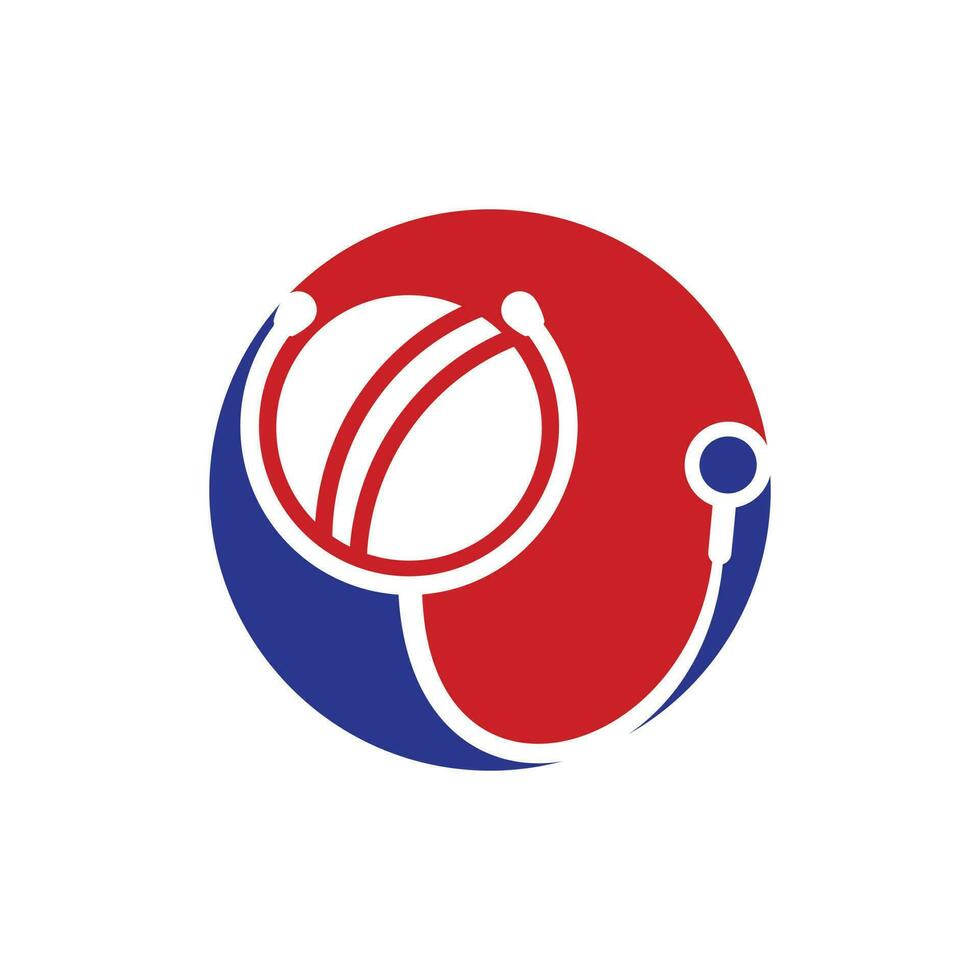 design de logotipo de vetor de estetoscópio de críquete. conceito de logotipo de saúde e cuidados esportivos.