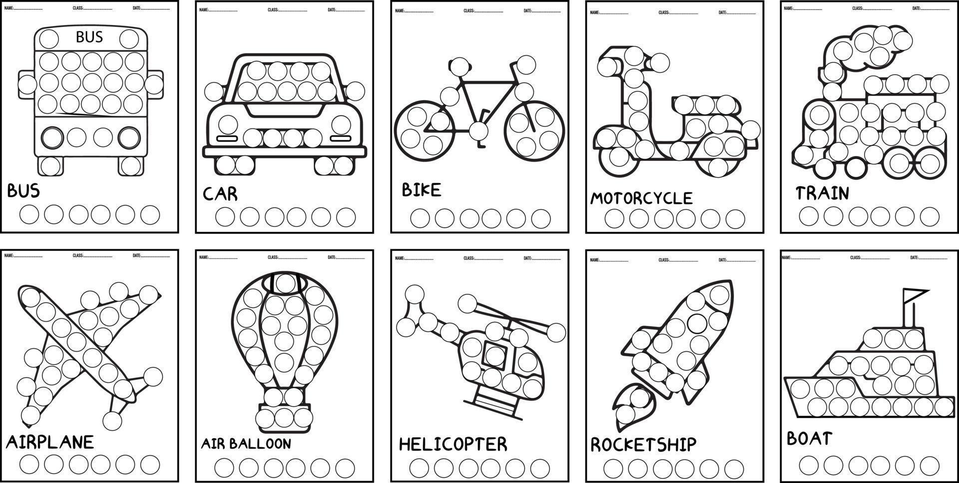 diferentes tipos de veículos de transporte, marcadores de ponto livro de colorir para crianças. vetor