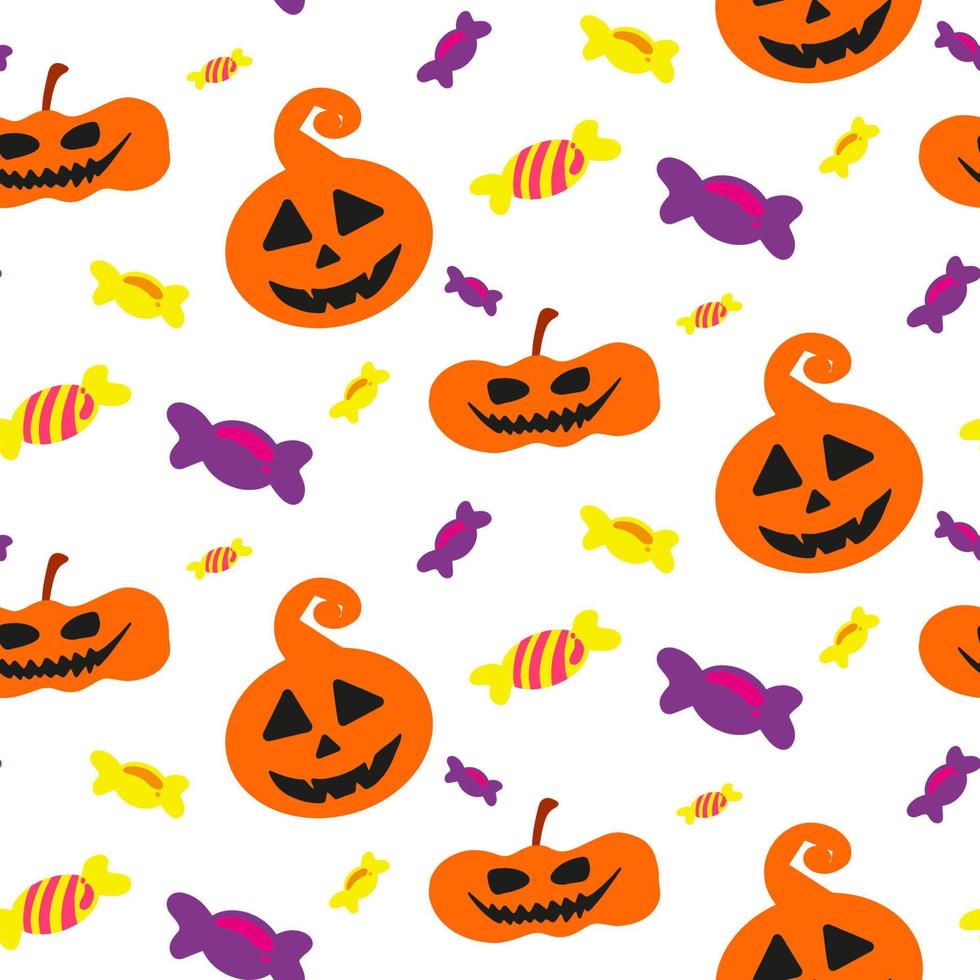 padrão sem emenda festivo de doodle de halloween. vetor de fundo infinito desenhado à mão com abóboras, caveiras, morcegos, aranhas, fantasmas, ossos, doces, teia de aranha e bolha de fala com vaia. doçura ou travessura.