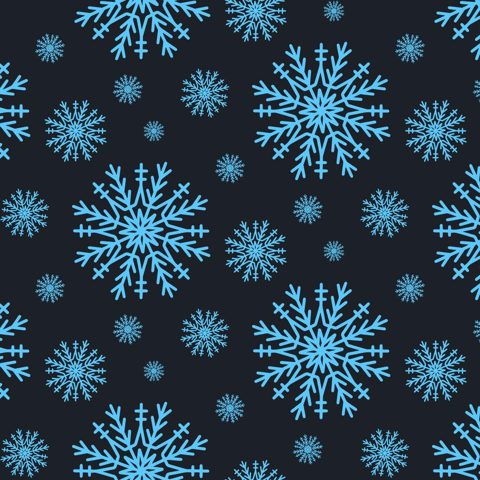 bonito padrão sem emenda de Natal com flocos de neve isolados em fundo escuro. feliz ano novo papel de parede e invólucro para design sazonal, têxtil, decoração, cartão de felicitações. impressões desenhadas à mão e doodle. vetor