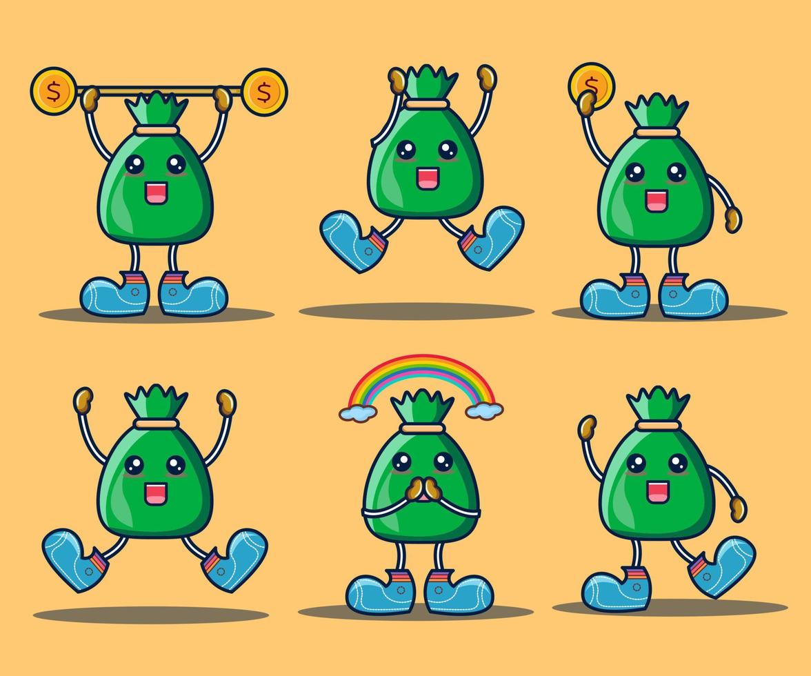 conjunto de personagem de saco de dinheiro para ilustração e vetor de ícone de negócios