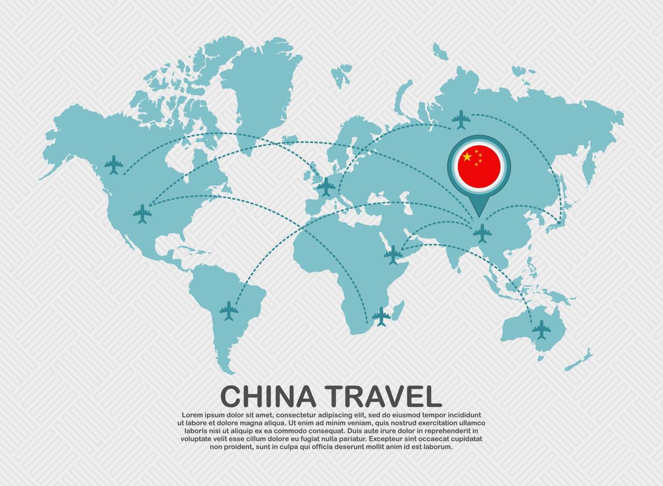 viajar para o cartaz da china com o mapa do mundo e o conceito de destino de turismo de fundo de negócios de rota de avião voador. eps vetor
