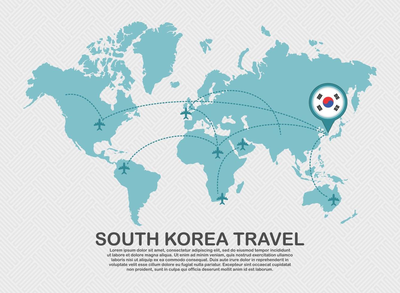 viajar para o cartaz da coreia do sul com mapa do mundo e conceito de destino de turismo de fundo de negócios de rota de avião voador. eps vetor
