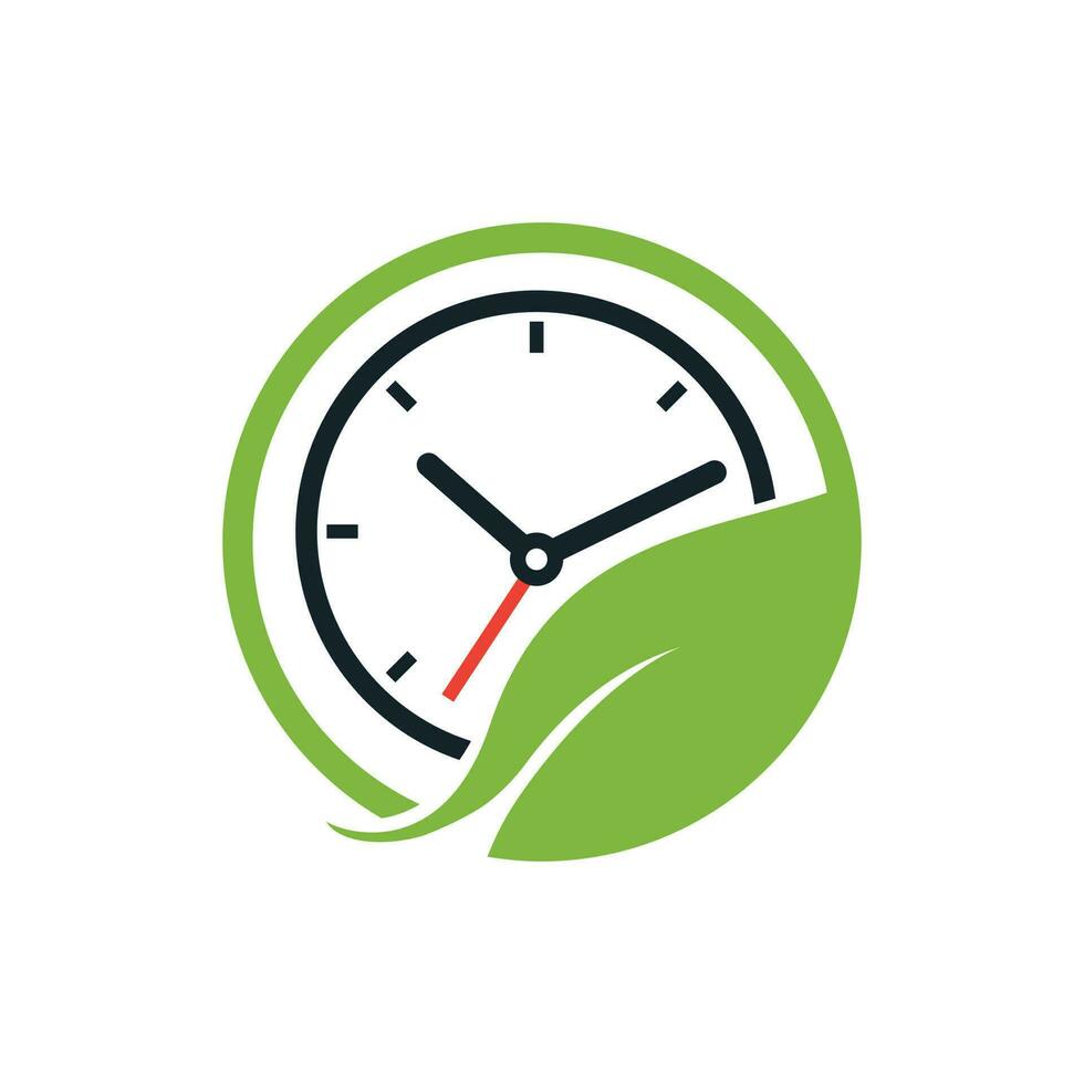 design de logotipo de vetor de tempo de natureza. relógio vetorial e combinação de logotipo de folha.