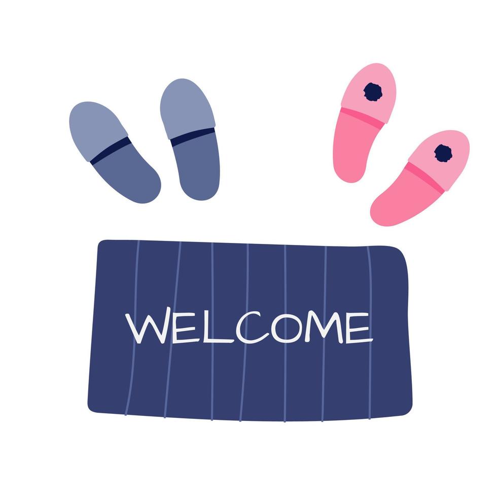 chinelos e tapetes masculinos e femininos. ilustração vetorial com a mensagem de boas-vindas. conceito de hospitalidade e conforto vetor