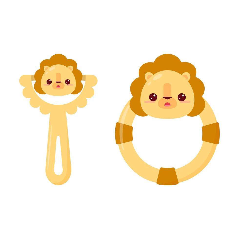 um chocalho de bebê com uma alça e um anel. um chocalho com um leão de desenho animado para crianças. um presente para recém-nascidos. vetor
