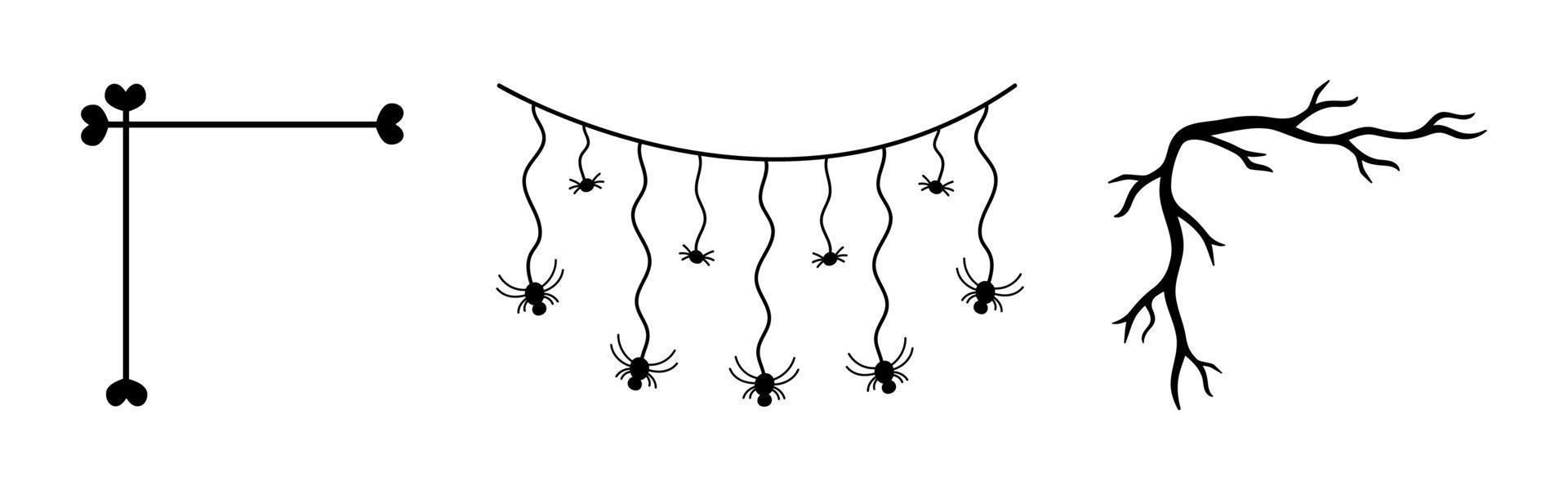 conjunto de cantos de doodle de halloween isolados. elementos decorativos assustadores desenhados à mão. ilustração de contorno vetorial de árvores, ossos, aranhas vetor