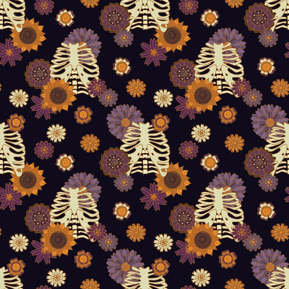 ossos e flores boho padrão sem emenda de halloween. peito com flores de margaridas groovy. ilustração vetorial mágica em um fundo escuro. vetor