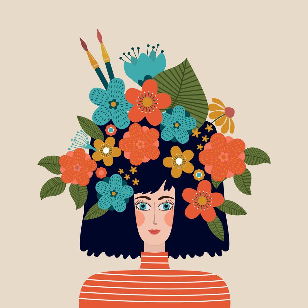 retrato da jovem bela artista com flores e pincéis vetor
