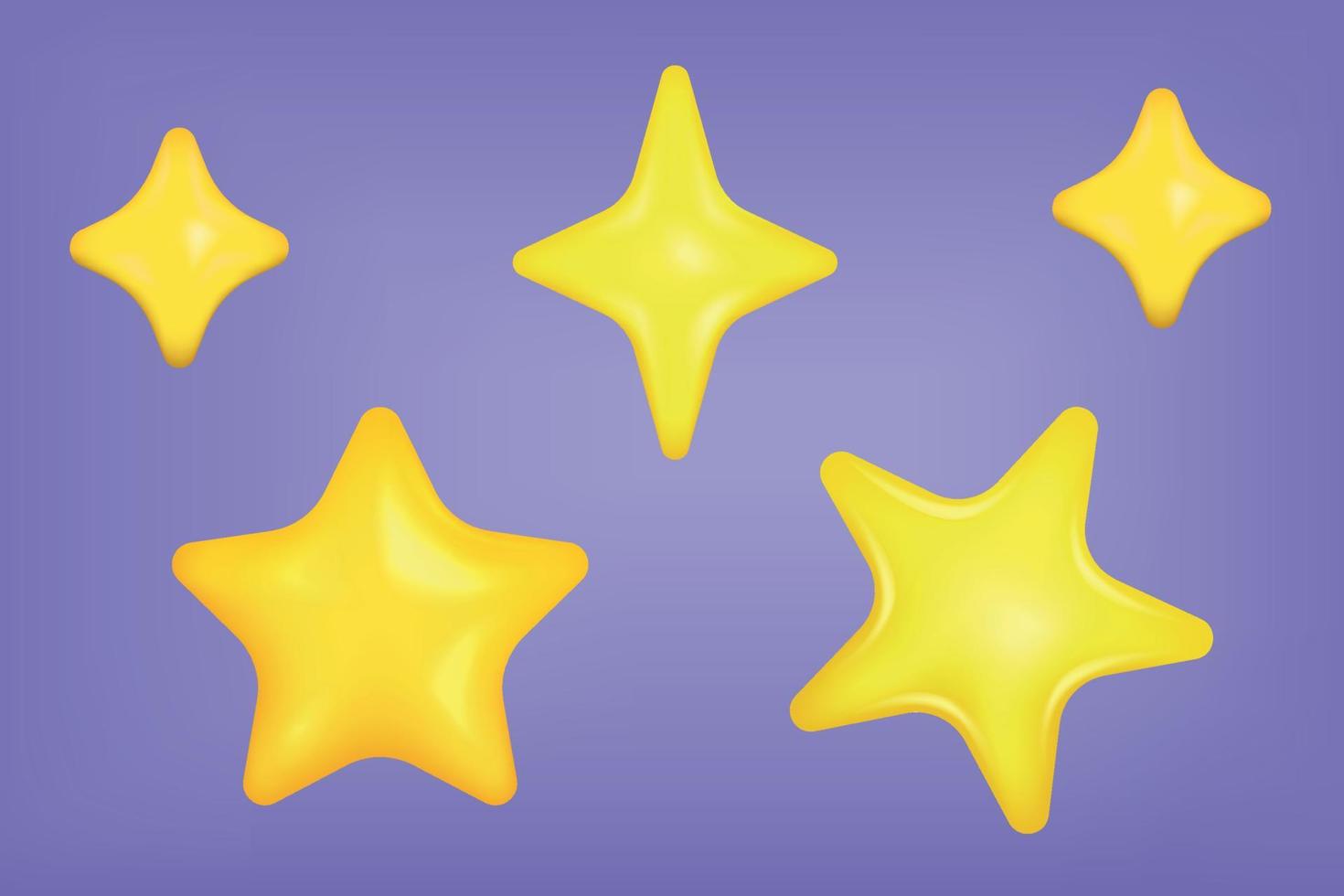 conjunto de formas diferentes de estrelas amarelas. estrelas brilhantes. estilo de desenho animado de design 3d realista. ilustração vetorial vetor