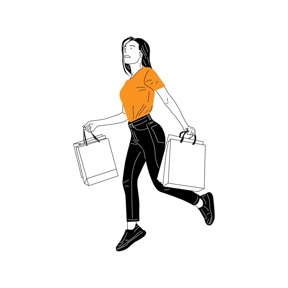 ilustração de mulher correndo com sacolas de compras vetor