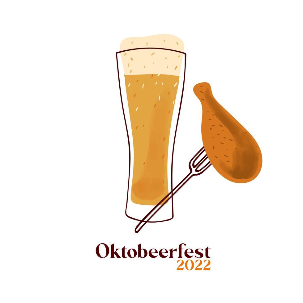 ilustração octobeerfest 2022 com caneca de cerveja estilizada e frango grelhado em um garfo isolado no fundo branco vetor