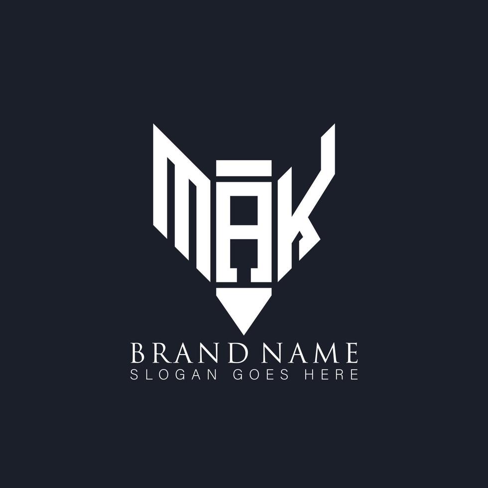 mak carta design de logotipo em fundo preto. mak conceito de logotipo de letra de livro de lápis de monograma criativo. mak design de logotipo de vetor abstrato plano moderno exclusivo.