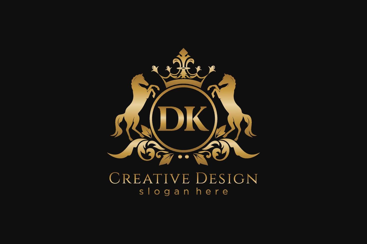 crista dourada retrô inicial dk com círculo e dois cavalos, modelo de crachá com pergaminhos e coroa real - perfeito para projetos de marca luxuosos vetor