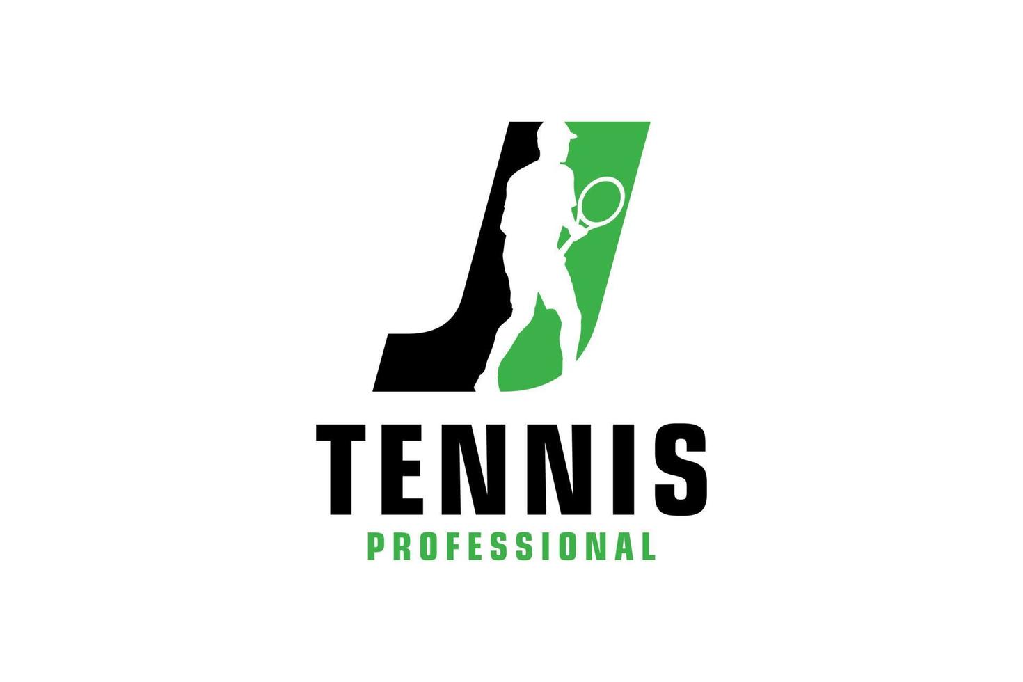 letra j com design de logotipo de silhueta de jogador de tênis. elementos de modelo de design vetorial para equipe esportiva ou identidade corporativa. vetor
