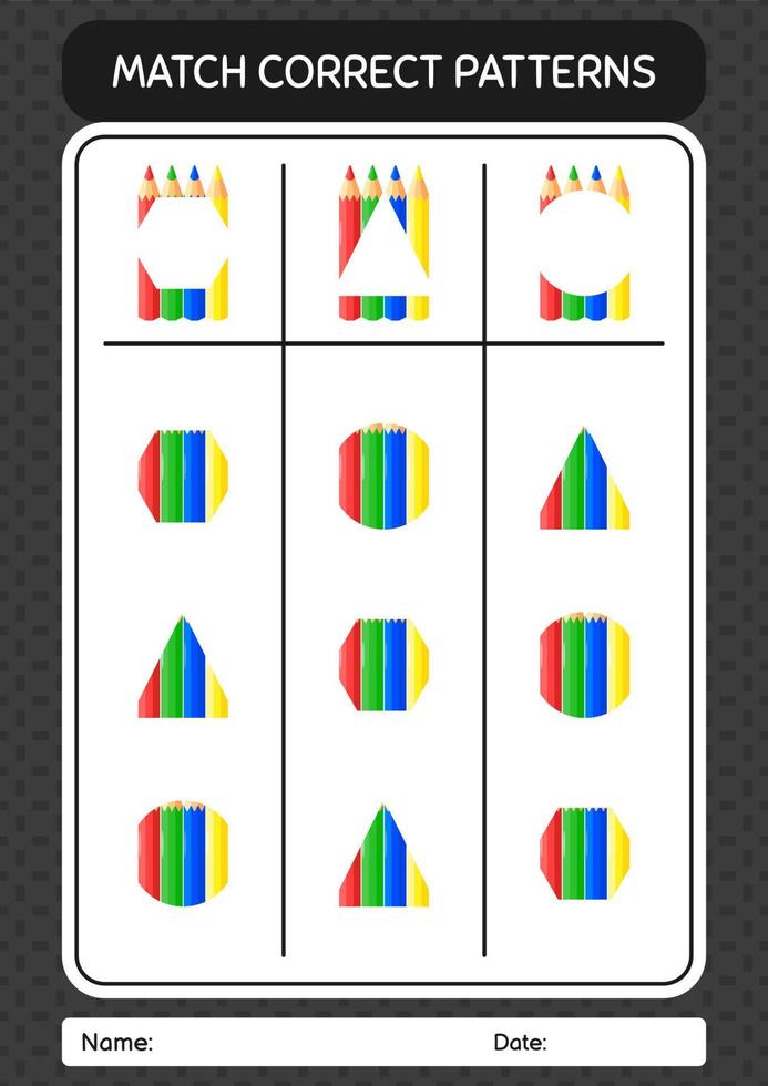 jogo padrão de correspondência com lápis de cor. planilha para crianças pré-escolares, folha de atividades para crianças vetor